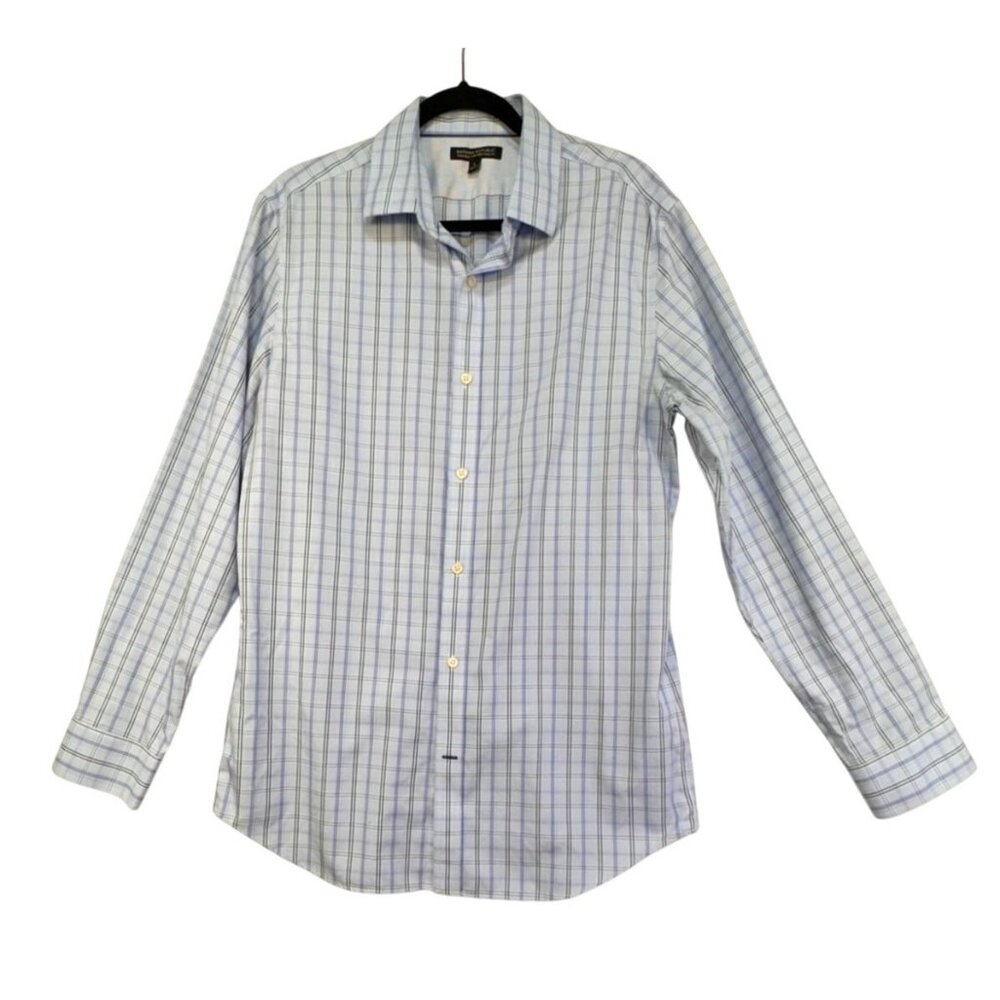 Banana Republic Mens Non-Iron Tailored Slim Fit Dress Shirt L 16-16 1/2 Blue Che